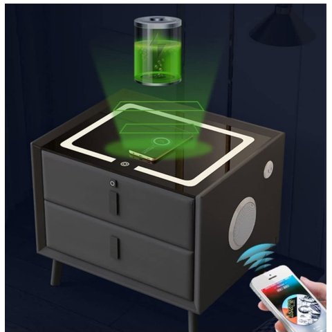 Mesa Cabeceira Inteligente Cinza Multifuncional Carregador Indução Wireless Som Bluetooth Luminária