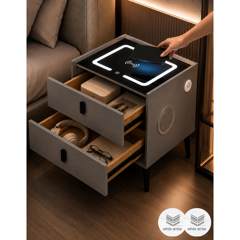 Mesa Cabeceira Inteligente Cinza Multifuncional Carregador Indução Wireless Som Bluetooth Luminária