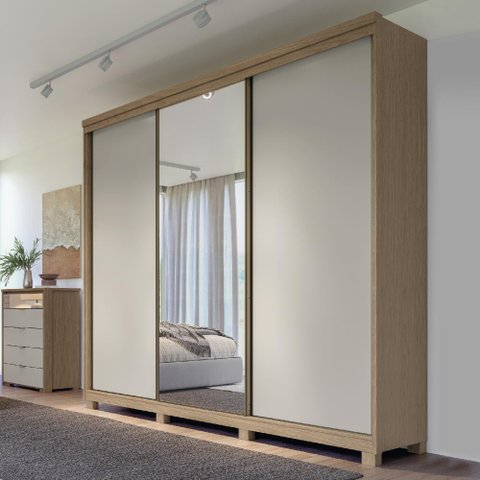 Guarda Roupa Casal 3 Portas de Correr Espelho Rimo New Honduras - Carvalho/offwhite