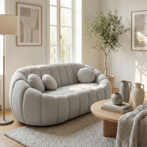 Sofá Curvo Orgânico Confortável Concha Bouclê Cinza Claro -vimont Moveis
