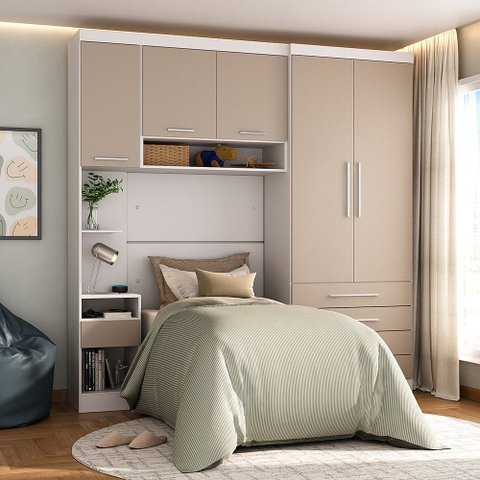 Quarto Modulado Solteiro com Guarda-roupas Maleiro e Cabeceira Alpes Master Luciane Móveis
