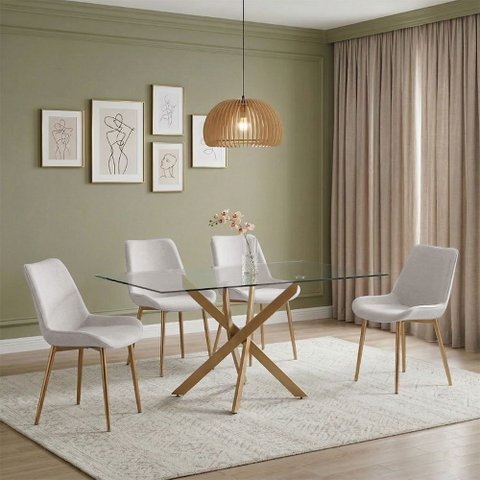 Conjunto Mesa de Jantar Lara 160cm Vidro 10mm Base Aço Carbono Bronze com 4 Cadeiras em Linho Cru