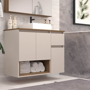 Gabinete Banheiro Suspenso 80cm com 03 Portas 01 Gaveta e Nicho com Cuba Aurora