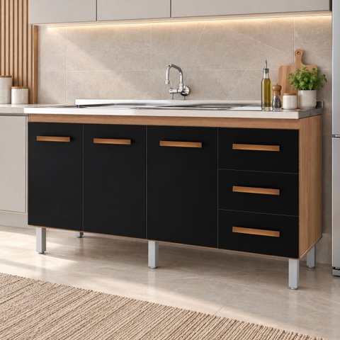 Balcão Cozinha Veneza 160 cm 3 Portas 3 Gav sem Tampo Preto
