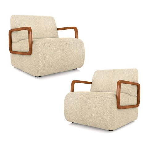 Kit 2 Poltronas Decorativa Sala de Estar Odessa Braços em Madeira Bouclê Bege G33