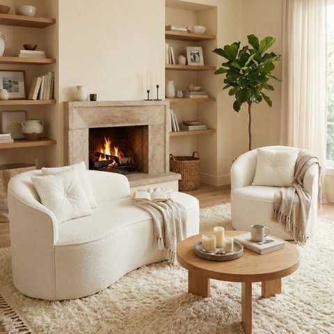 Kit Sofá Orgânico Curvo Feijão + 01 Poltrona Sala Estúdio Amore Bouclê Branco - Montanari'S Decor