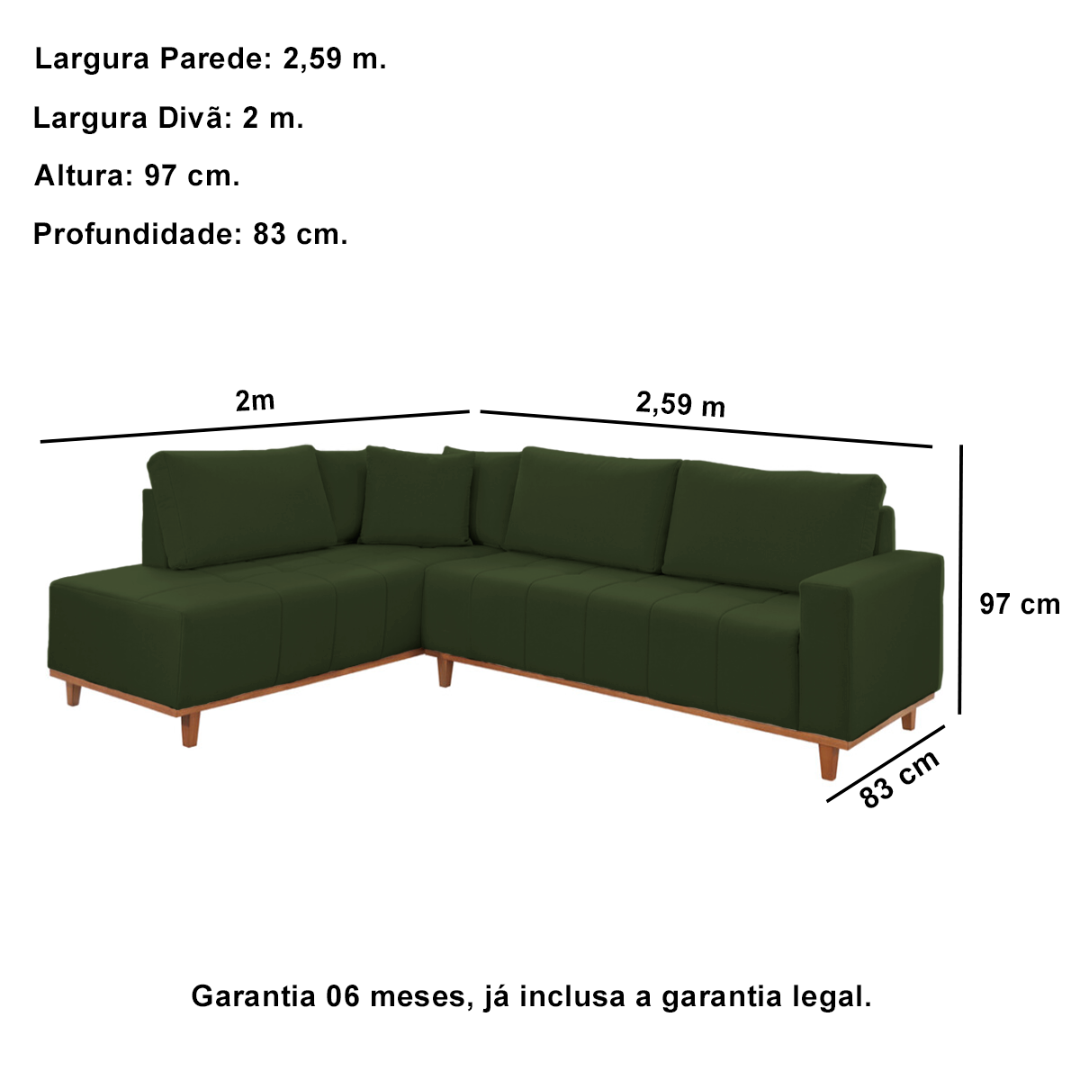 Sofá de Canto 4 Lugares Veludo Verde 2,59m Palau - 4