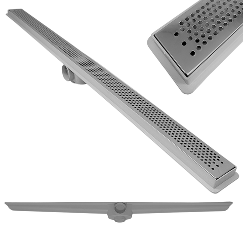 Ralo Linear 5x60 Seca Box Banheiro Inox Polido Bolinhas e Coletor Cinza Saídas 40mm e Tela (5cm x 61