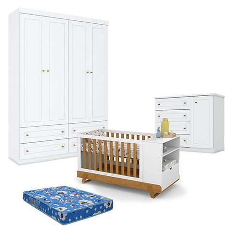 Quarto de Bebê Americano 4 Portas Com berço Multifuncional Bkids Branco Freijó Eco Wood - Matic - He