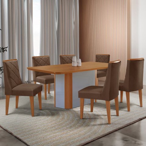 Mesa de Jantar Isadora 180cm Tampo Mdf Laminado Canto Copo com 6 Cadeiras Isadora Moderna Mobília