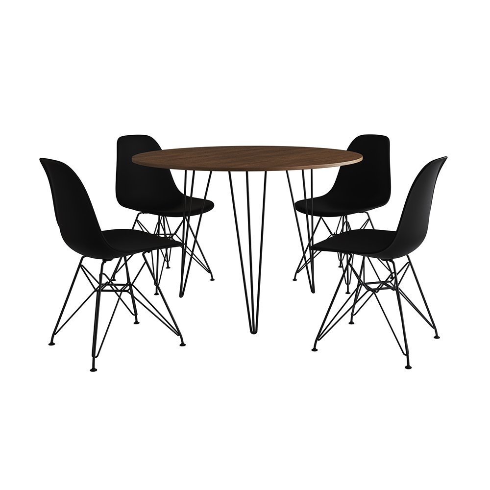 Mesa de Jantar Redonda 90cm Amêndoa Clips 3 Pés com 4 Cadeiras Eames Eiffel Pretas Ferro Preto - 2