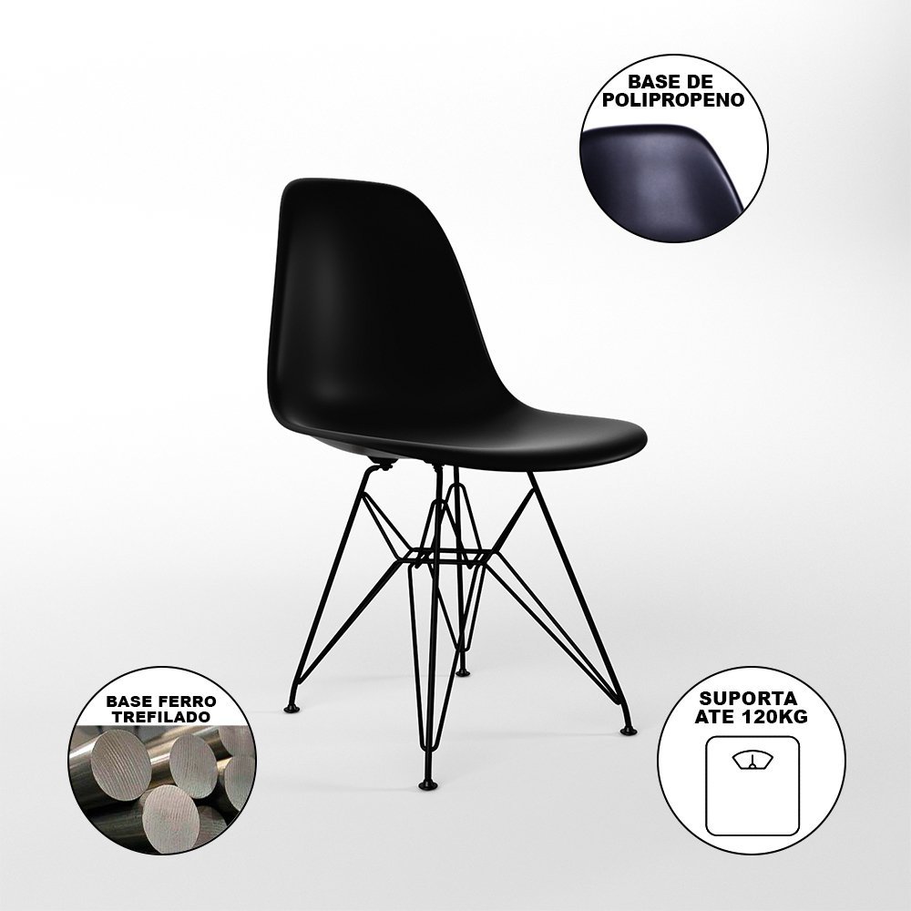 Mesa de Jantar Redonda 90cm Amêndoa Clips 3 Pés com 4 Cadeiras Eames Eiffel Pretas Ferro Preto - 4