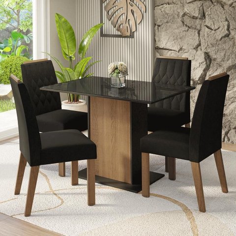 Conjunto Sala de Jantar Tampo de Vidro 4 Cadeiras Rustic/Preto/Oxford Pitanga Madesa