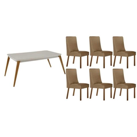 Sala Jantar Mesa Havana Tampo C/ Vidro Curvo 180cm+6 Cadeiras Dakota Madeira Naturale/off White -