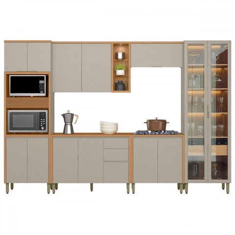 Cozinha Completa Allure 14 Portas 4 Gavetas 100% Mdf com Vidro 810016097 Jequitibá/gris - Linea Bras