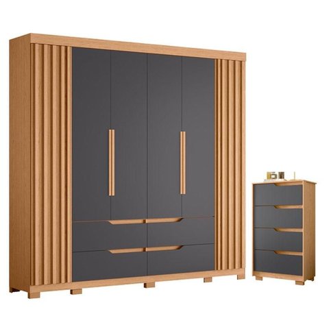 Guarda Roupa Casal Doble 06 Portas e Cômoda Sole 04 Gavetas Flex Freijo Titanium - Móveis Albatroz