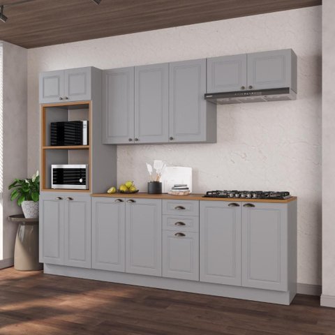 Armário de Cozinha Modulada Completa Fidelitá Nara 100% MDF 5 Peças 270cm 14 Portas 2 Gavetas com