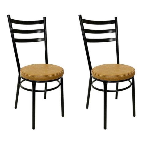 Conjunto 2 Cadeiras de Cozinha Redonda com Reforço Preta Assento Grosso Caramelo