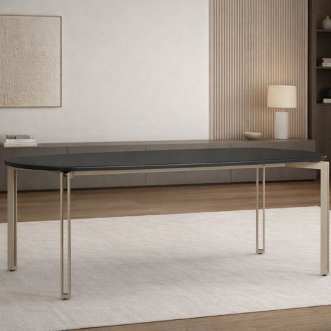 Mesa para Sala de Jantar Tampo com Vidro/MDF 200cm Base Metal Champanhe Mayra