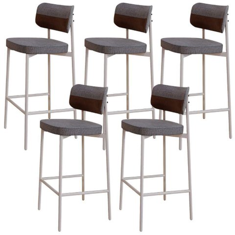Kit 05 Banquetas Alta Bar Cozinha Sala de Jantar Aço Branco Kaira C01 Linho Cinza Courino Whisky -