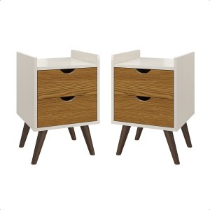 Kit 2 Mesa de Cabeceira Juma Retrô Corrediça Telescópica:off White/nature