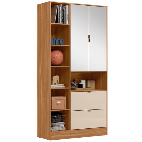 Guarda Roupa Solteiro 90cm 2 Portas Espelho Doli Amêndoa/off D02 - Mpozenato