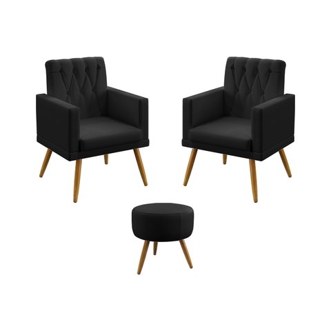 Kit 2 Poltronas Decorativas Estofadas Vega Rodapé Botões Puff Solar para Sala de Estar Couro Artific
