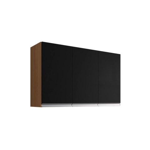 Armário Aéreo de Cozinha Suspenso 120cm 3 Portas Andréia MDP Amêndoa/Preto Parede