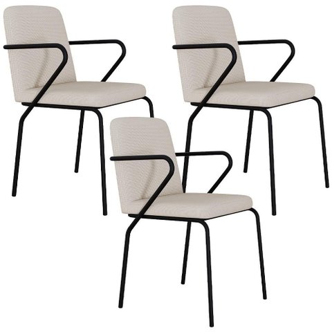 Kit 03 Cadeiras Estofada para Sala de Jantar com Braço Loft Preto C01 Linho Areia - Lyam Decor