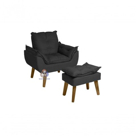 Poltrona Decorativa Opala e Puff Opala Preto com Pés Quadrado