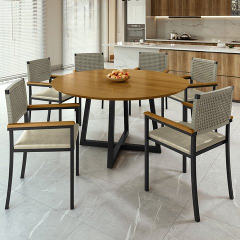 Conjunto Sala de Jantar Mesa Redonda 6 Cadeiras com Braço MDF Coliseu Bege Rami/Pérola