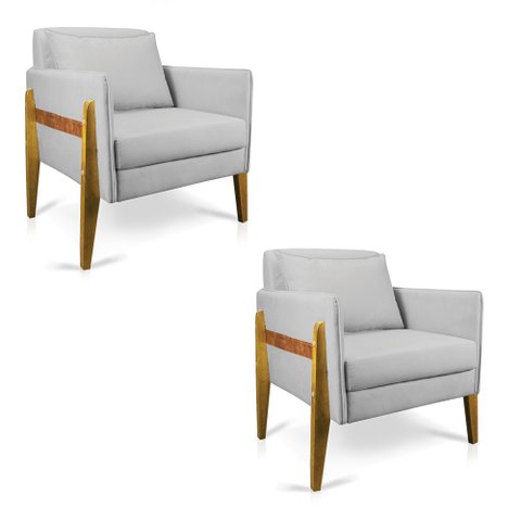Kit 02 Poltronas Lana Suede Cinza Base de Madeira - D’Rossi