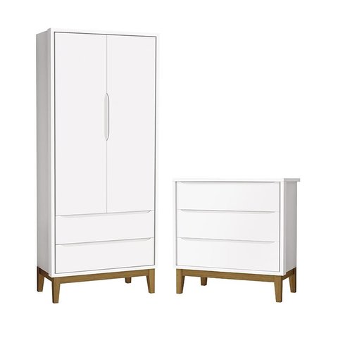 Jogo de Quarto Infantil Guarda Roupa 2 Portas e Cômoda 3 Gavetas Classic Branco Fosco com Pés Amadei
