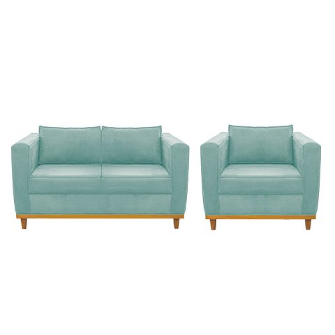 Kit Sofá 2 Lugares e Poltrona Europa Suede Azul Tiffany - Am Decor