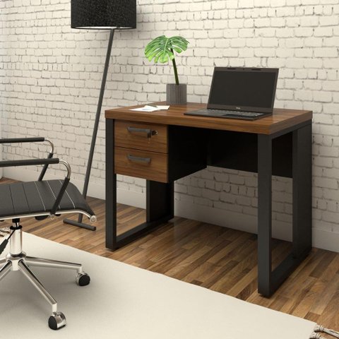Escrivaninha Industrial com 2 Gavetas e Pés em Metal 90cm Cor:nogal com Preto
