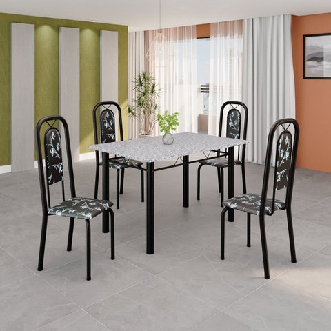 Conjunto de Mesa Tubular 120cm x 75cm Tampo Granito Ocre com 4 Cadeiras Lara Preto/Floral/Txt