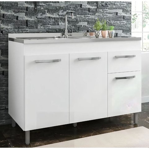 Balcão 1,19 para Pia Home Branca 3 Portas 1 Gaveta Mdp 120cm Fiorello