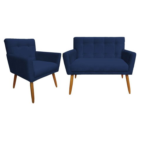Kit Namoradeira + 1 Poltrona Decorativa Onix Suede Azul Marinho Pés Madeira Mz Decor