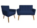Ver imagem 1 de Kit Namoradeira + 1 Poltrona Decorativa Onix Suede Azul Marinho Pés Madeira Mz Decor