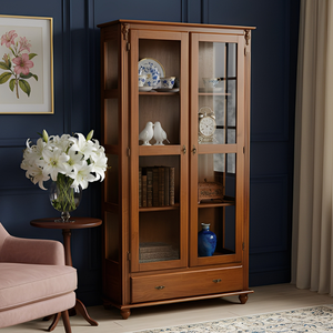 Cristaleira de Madeira Maciça 2 Portas 1 Gaveta e Pés Torneados - Imbuia Glazer