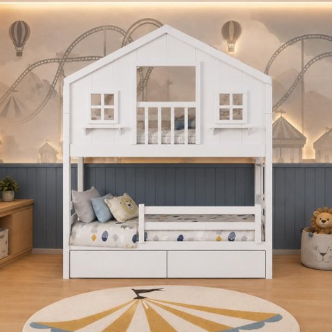 Beliche Infantil Casinha Dos Sonhos com Varanda 02 Gavetas e Grade de Proteção Madeira Maciça