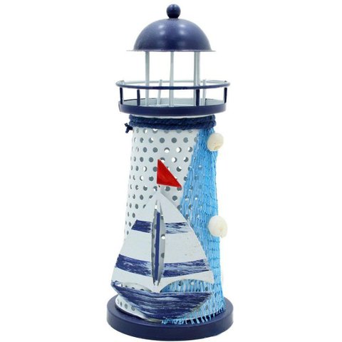 Farol Marítimo Artesanal Enfeite Náutico Metal com Leds 18cm Barco