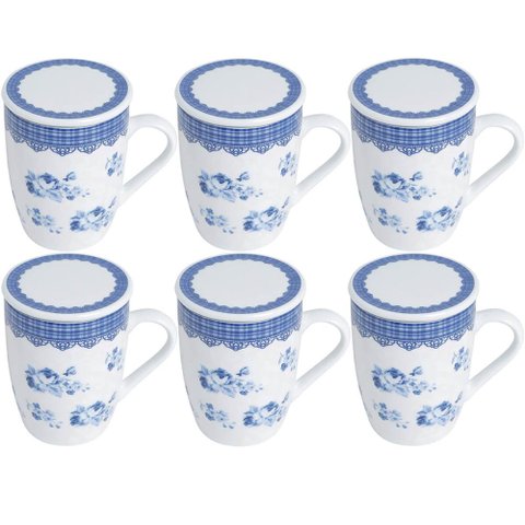 6 Xícaras de Chá Porcelana 310ml com Tampa Infusor Lyor Canecas Super White Grécia