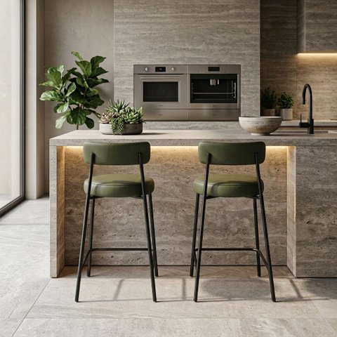 Banqueta Cozinha Média com Encosto Industrial Preto Kit 2 Londres PU Verde D03 - D'Rossi