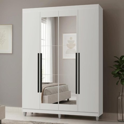 Guarda-Roupa Solteiro com Pés 4 Portas Batentes com Espelho Branco/Branco/Preto Netuno Madesa