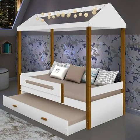 Cama montessoriana com auxiliar e led Sara branco / mel Casa e Bebê shop
