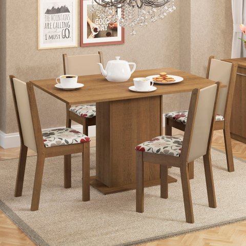 Conjunto Sala de Jantar Madesa Talita Mesa Tampo de Madeira com 4 Cadeiras Rustic/Crema/Floral Hibis
