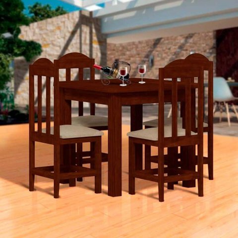 Mesa de Jantar com 4 Cadeiras Estofadas Madeira Maciça Castanho Jm Móveis