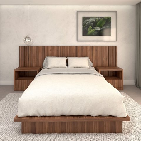 Cama Queen e Cabeceira com 2 Mesas Laterais Mdf sob Medida Cor:nogueira Cadiz