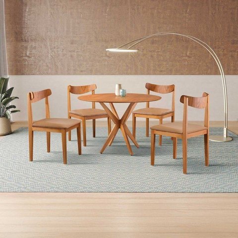 Conjunto de Sala de Jantar Mesa 108cm com 4 Cadeiras Aurora Marrom/Caramelo/Freijó